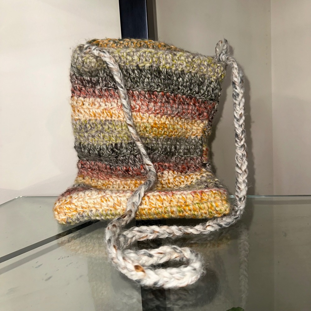 Gray Green Orange Knitted Crochet rectangle crossbody bag